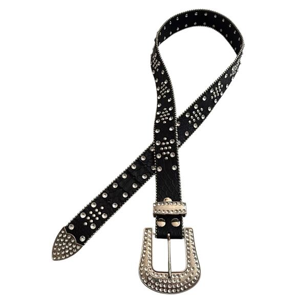 Rhinestone Studded Black BELT 34-38” Vegan Leather Western Cowboy Women's Medium - Picture 2 of 7